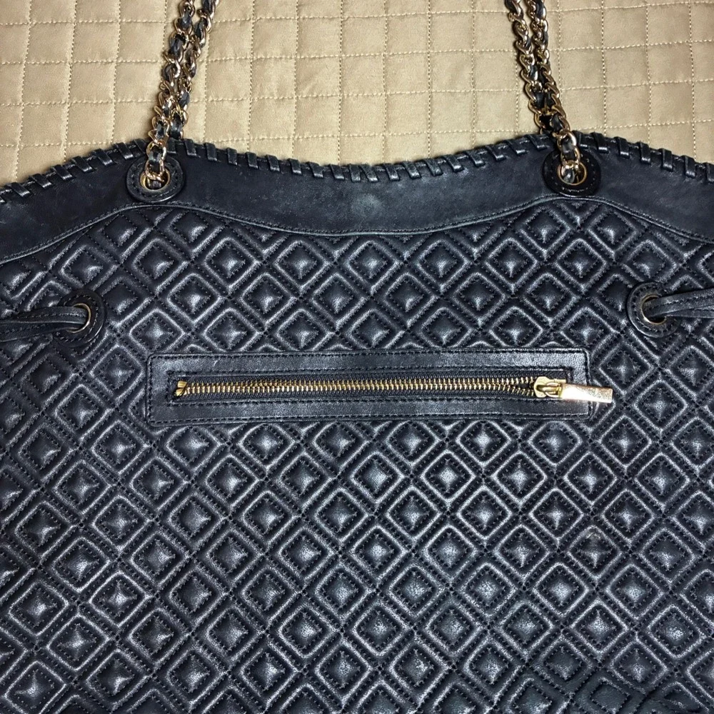 Tory Burch Marion Quilted Black Leather Tote Bag Gold Chain‎ Shoulder Bag Large
